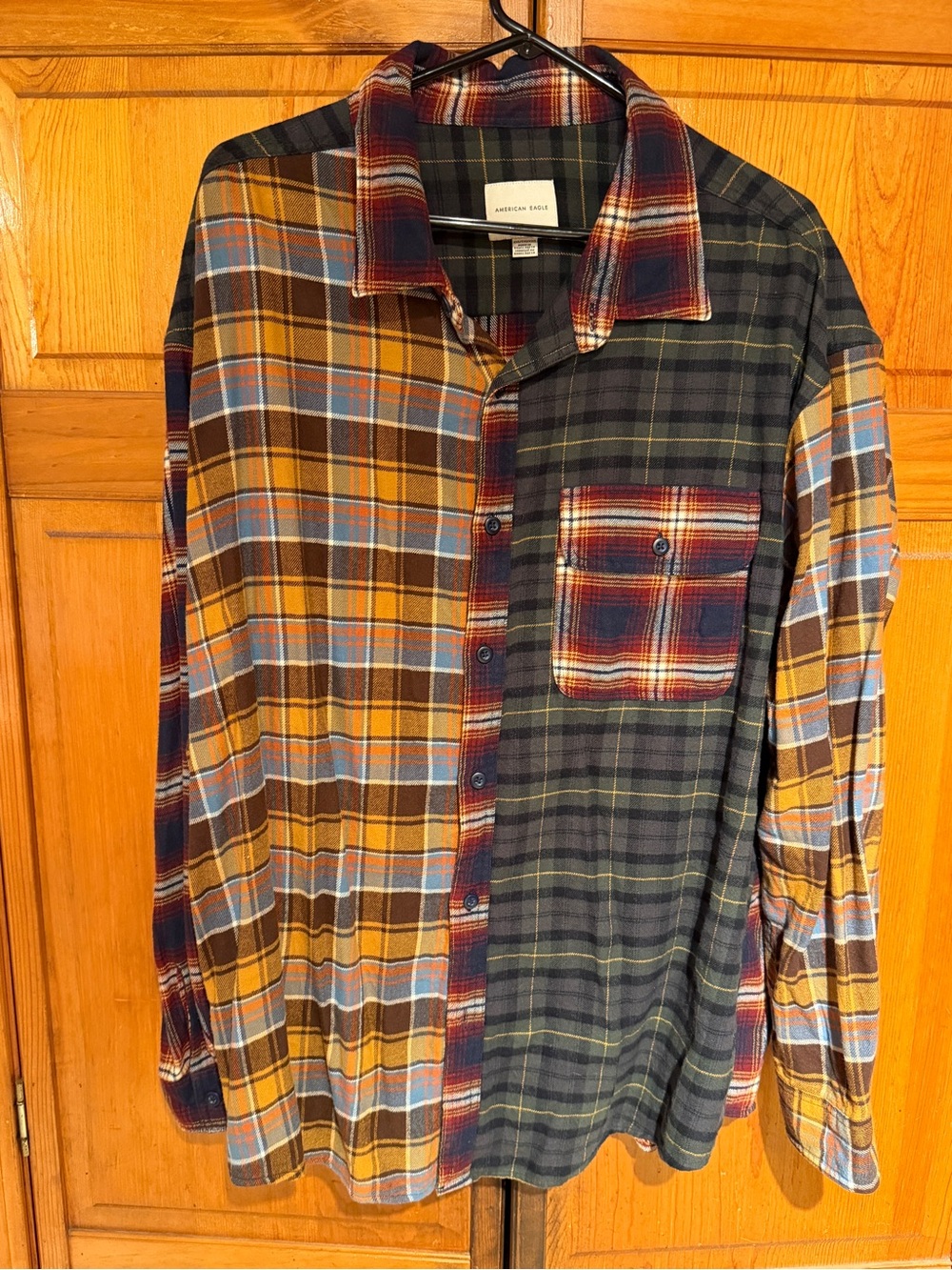 American Eagle Outfitters Men's Two-Tone Plaid Flannel Shirt in Mustard & Navy